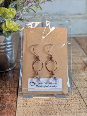 NEW Artisan Copper Wrapped Wire Dangle Clear Faceted Quartz Teardrop Earrings